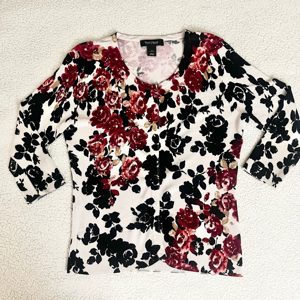 White House Black Market Floral Button Down Shirt - Black and Red